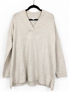 J.Jill L Oatmeal Marled Knit Oversized V Neck Sweater Coastal Minimalist Cozy